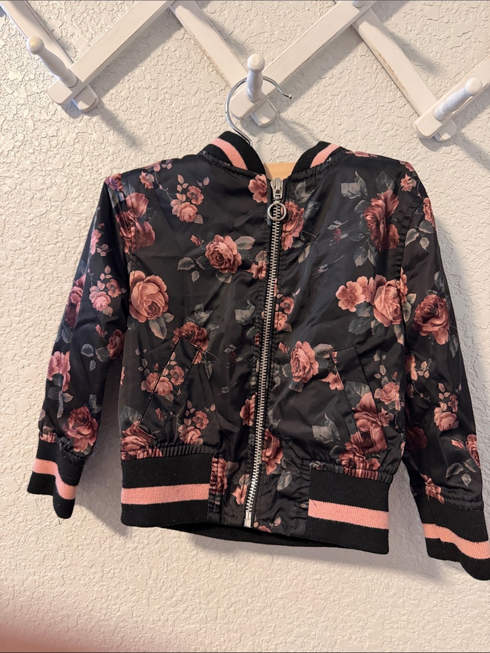 Urban Republic Black Floral Bomber Jacket with Pink floral